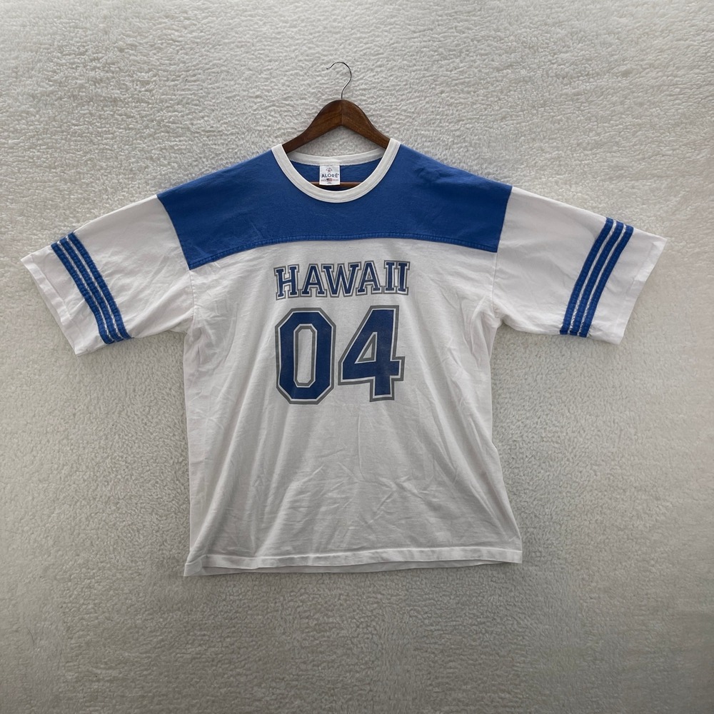 Vintage Hawaii Shirt Men 2XL White Blue Alore Ringer Football #4 Jersey USA Made